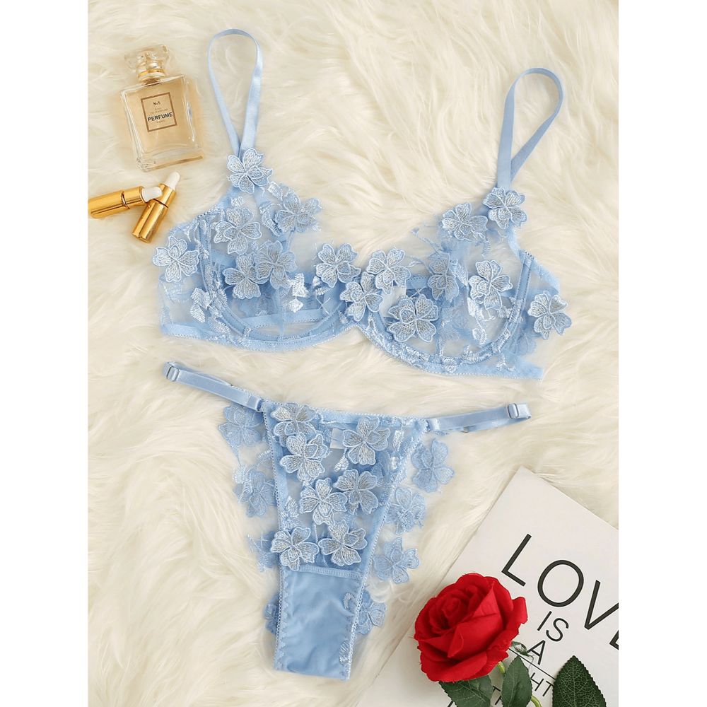 Applique Lace Underwire Baby Blue Lingerie Set - Intimate Affairs